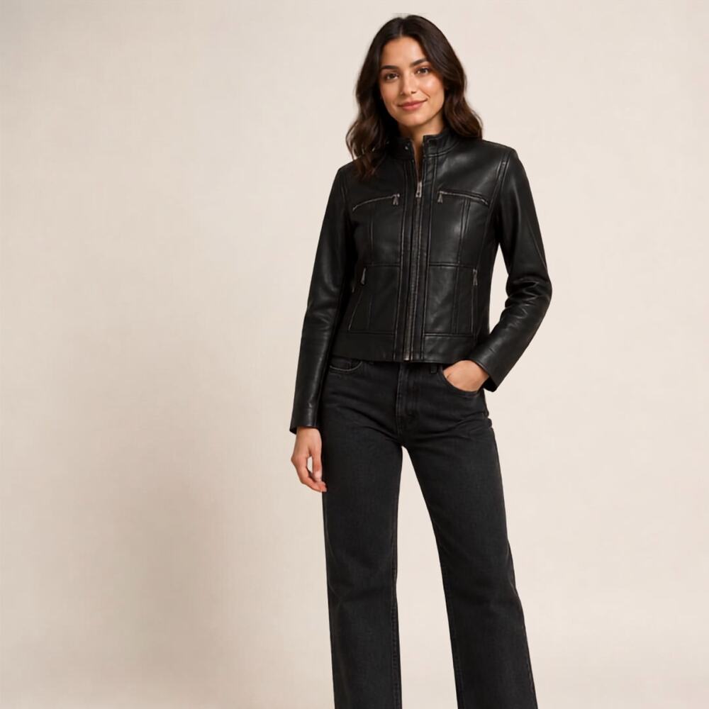 MICHAEL by Michael Kors Genuine Leather Motorcycle Jacket Women's Black Biker
